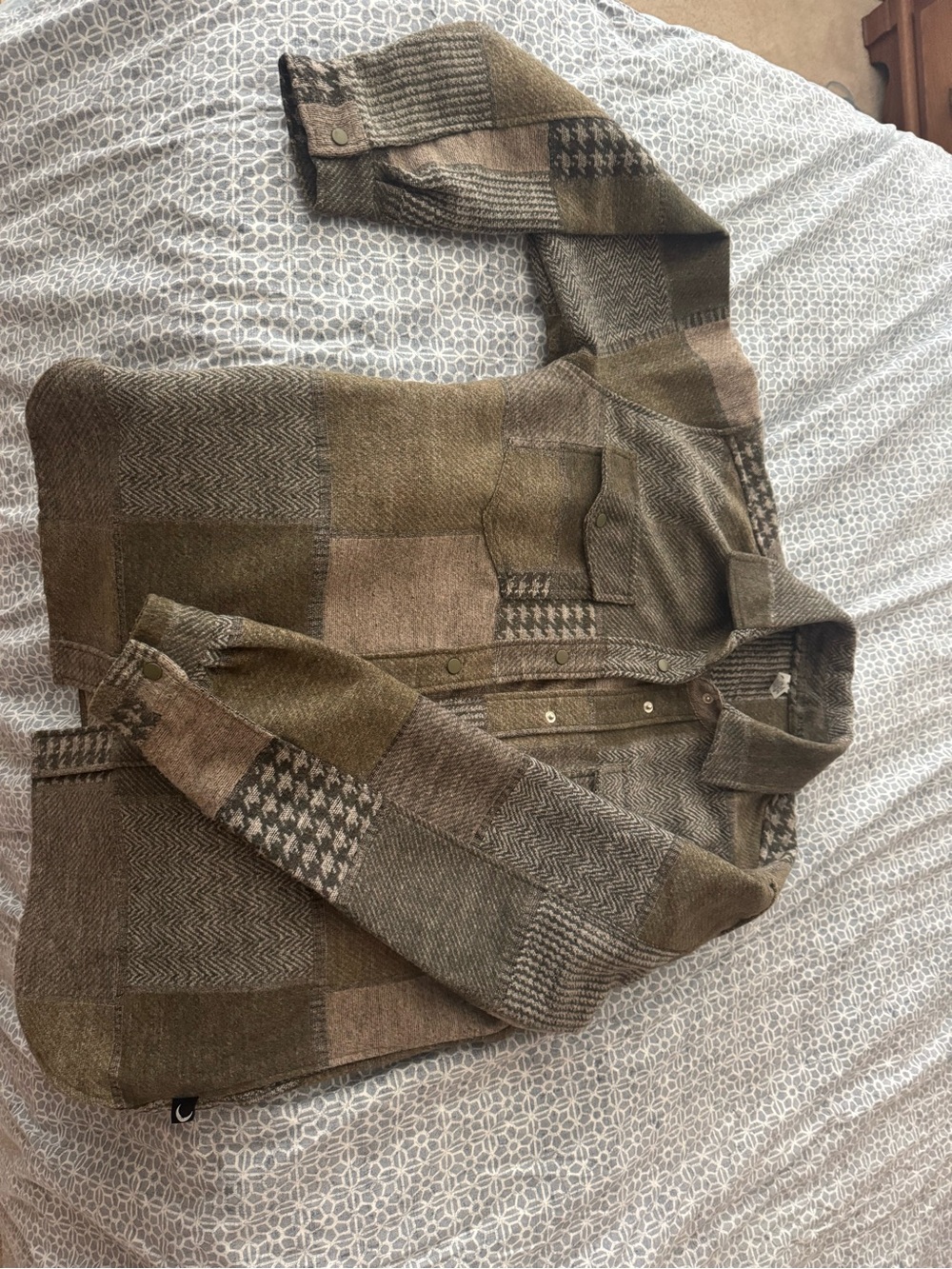 ZYIA women's Patchwork Cardigan Jacket in Olive and Brown